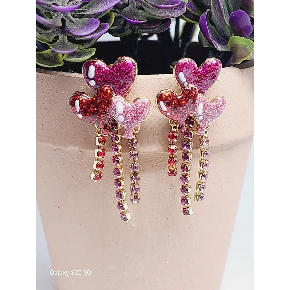Red Pink Glitter Heart Balloon Drop Earrings Rhinestone Fringe Gold Tone Studs‎